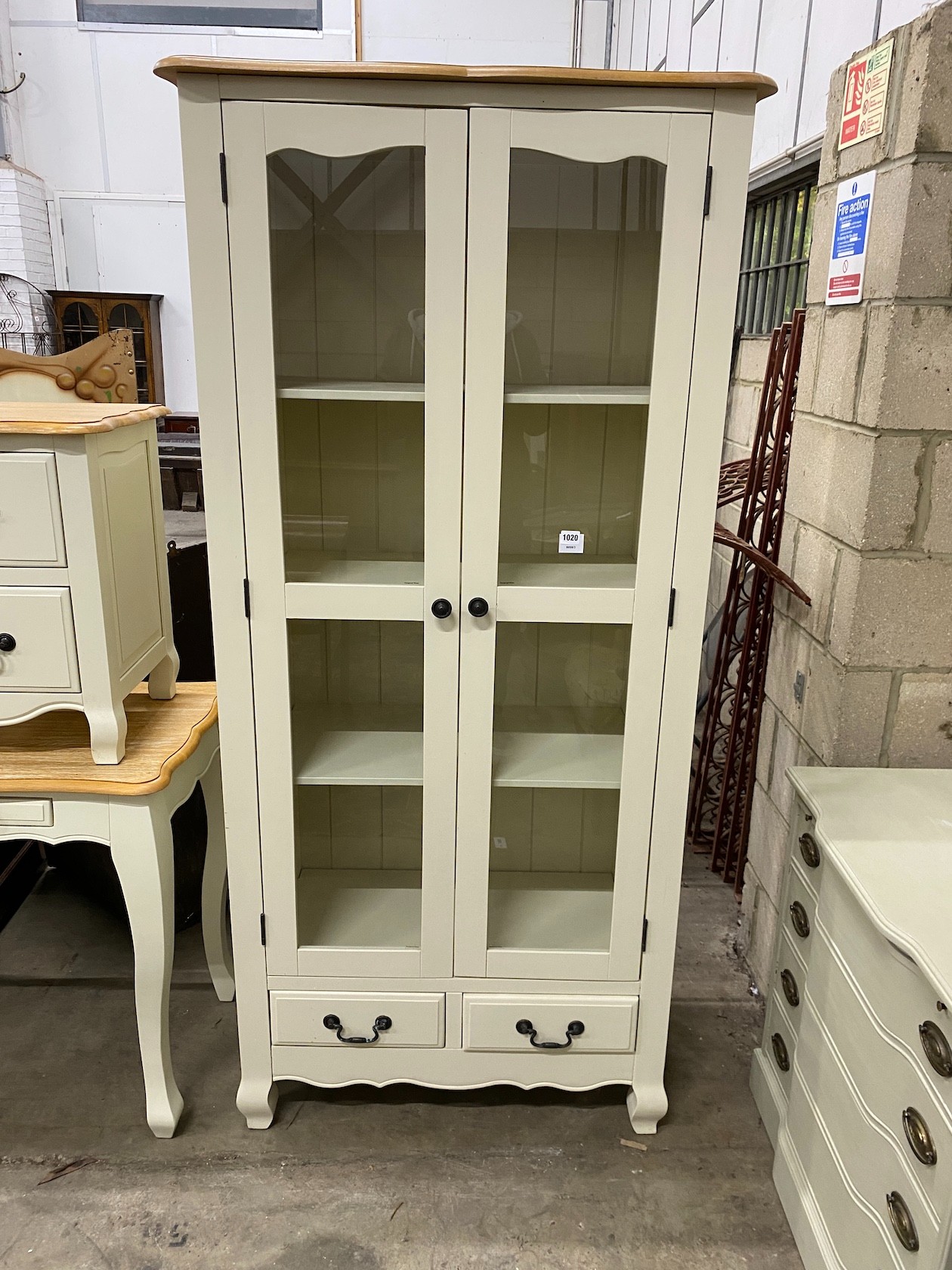 An oak and eau de nil painted glazed cabinet, width 90cm height 190cm